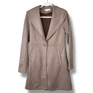 Solitaire Soft Taupe Faux Suede Shawl Waterfall Collar Duster Draped Fit Jacket